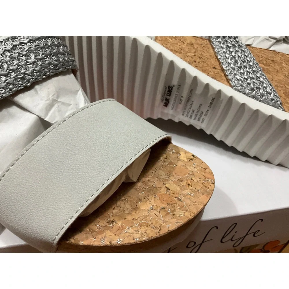 Muk Luks Women Silver‎ Metallic Knit Cork Wedge Sandals Size 9 NWT MPL6134